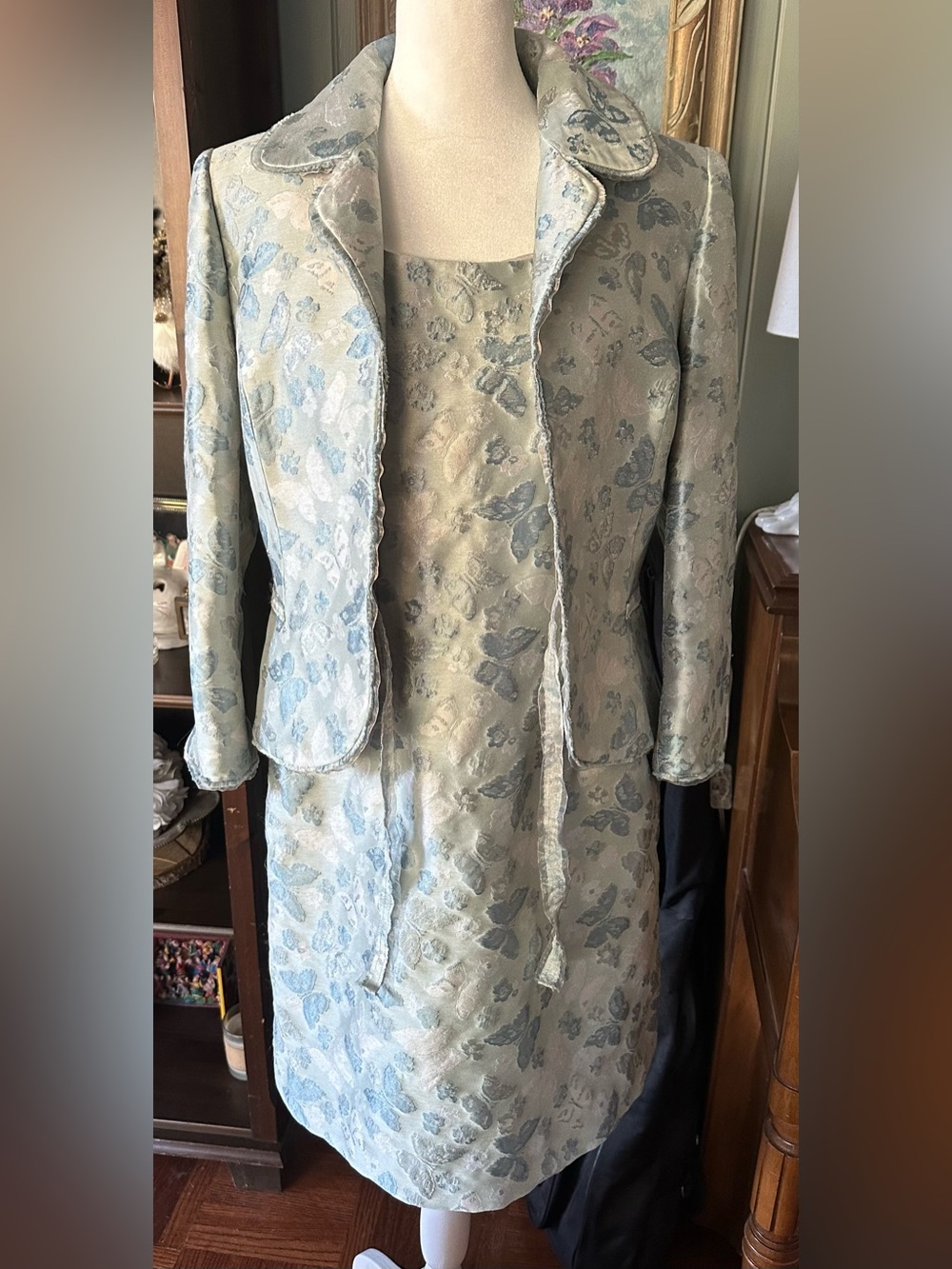 Albert Nipon Light Blue Butterflies and Flowers Brocade Jacket & Dress